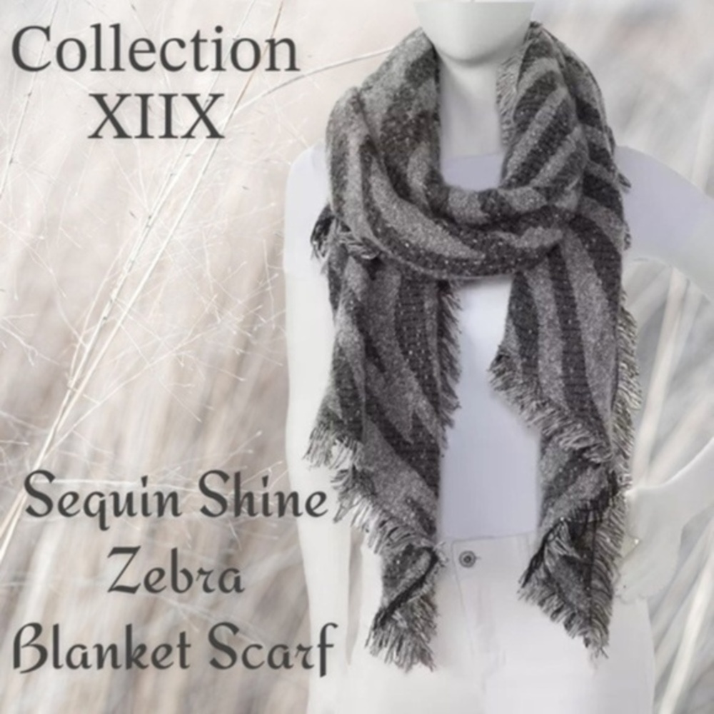 COLLECTION XIIX Monochromatic Zebra Print Sequin Accent Fringe Trim Scarf NWT